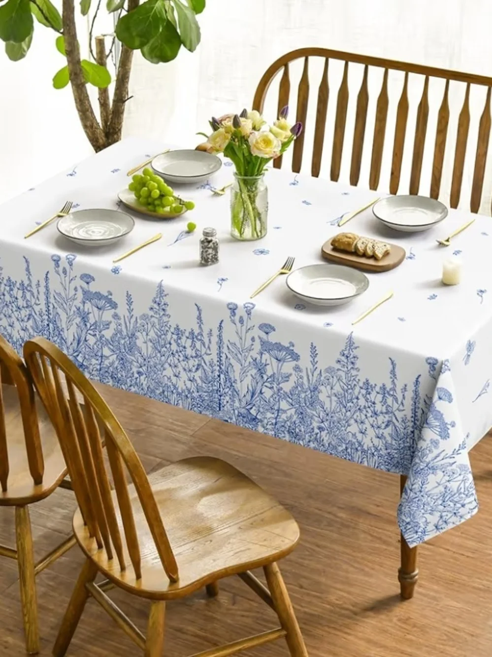 Blue Wildflower Border Washable Tablecloth - 52 X 70 Rectangular